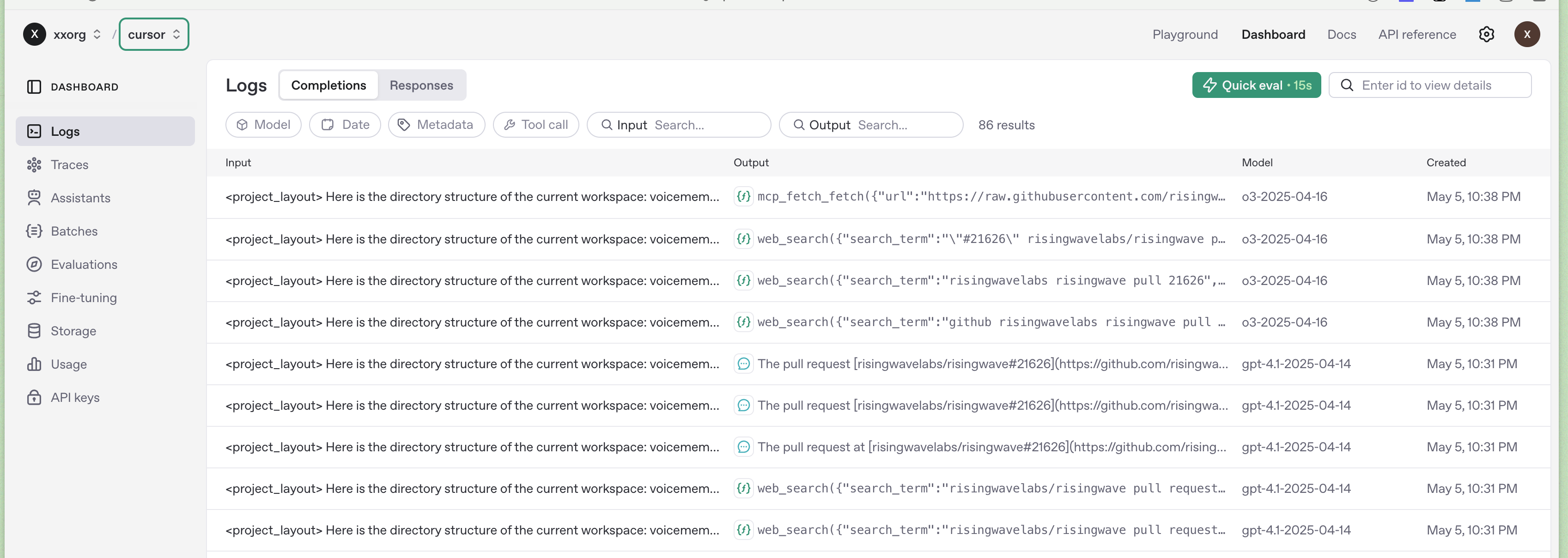 openai API platform request log
